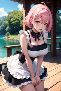 anime,busty,huge boobs,50s age,ahegao face,pink hair,pixie hair style,dark skin,illustration,lake,front view,bending over,maid