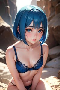 anime,busty,small tits,20s age,pouting lips face,blue hair,bobcut hair style,light skin,soft + warm,cave,side view,working out,lingerie