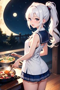 anime,busty,small tits,18 age,orgasm face,white hair,pigtails hair style,light skin,warm anime,moon,back view,cooking,schoolgirl
