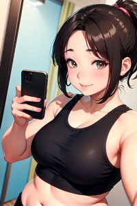 anime,chubby,small tits,80s age,happy face,brunette,ponytail hair style,light skin,mirror selfie,car,close-up view,working out,bra