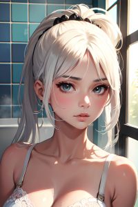anime,skinny,small tits,70s age,pouting lips face,white hair,ponytail hair style,light skin,vintage,shower,close-up view,bathing,bra