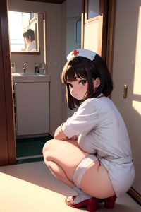 anime,chubby,small tits,60s age,serious face,brunette,bangs hair style,light skin,warm anime,yacht,back view,squatting,nurse