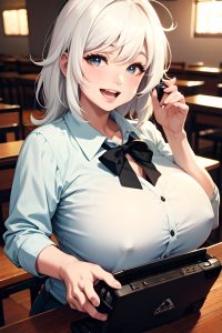 anime,chubby,small tits,60s age,laughing face,white hair,messy hair style,light skin,black and white,bar,close-up view,gaming,teacher