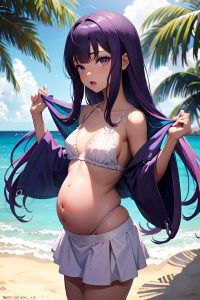anime,pregnant,small tits,18 age,shocked face,purple hair,bangs hair style,dark skin,warm anime,beach,back view,spreading legs,mini skirt