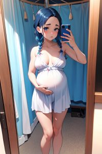 anime,pregnant,small tits,30s age,pouting lips face,blue hair,braided hair style,light skin,mirror selfie,tent,front view,t-pose,schoolgirl