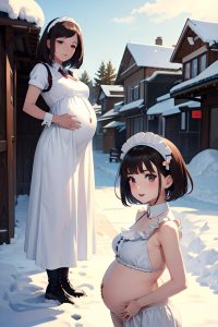 anime,pregnant,small tits,40s age,seductive face,brunette,bobcut hair style,light skin,illustration,snow,side view,jumping,maid