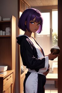 anime,pregnant,small tits,80s age,sad face,purple hair,bobcut hair style,dark skin,black and white,desert,back view,eating,bathrobe