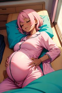 anime,pregnant,small tits,70s age,happy face,pink hair,slicked hair style,dark skin,crisp anime,stage,back view,sleeping,pajamas