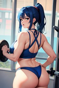 anime,chubby,huge boobs,30s age,angry face,blue hair,ponytail hair style,light skin,soft anime,gym,back view,working out,bikini