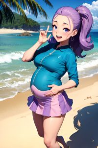 anime,pregnant,small tits,50s age,happy face,purple hair,slicked hair style,light skin,3d,beach,front view,jumping,mini skirt