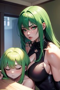 anime,muscular,small tits,60s age,serious face,green hair,straight hair style,dark skin,dark fantasy,party,close-up view,sleeping,goth