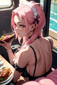 anime,skinny,huge boobs,40s age,happy face,pink hair,slicked hair style,dark skin,charcoal,train,back view,eating,maid