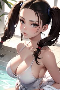 anime,skinny,huge boobs,20s age,serious face,brunette,pigtails hair style,light skin,skin detail (beta),mall,close-up view,bathing,bathrobe