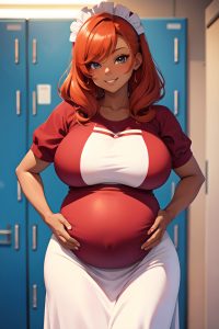 anime,pregnant,huge boobs,20s age,happy face,ginger,pixie hair style,dark skin,film photo,locker room,close-up view,cooking,maid