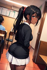anime,chubby,small tits,60s age,angry face,black hair,ponytail hair style,dark skin,crisp anime,restaurant,back view,t-pose,schoolgirl