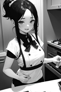 anime,busty,small tits,30s age,happy face,ginger,slicked hair style,dark skin,black and white,kitchen,close-up view,eating,mini skirt