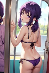 anime,chubby,small tits,70s age,orgasm face,purple hair,pigtails hair style,light skin,mirror selfie,bus,back view,eating,bikini