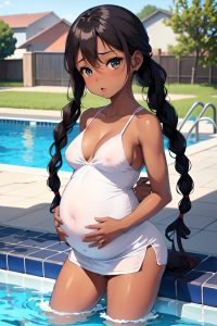 anime,pregnant,small tits,40s age,shocked face,ginger,braided hair style,dark skin,crisp anime,pool,front view,cumshot,schoolgirl