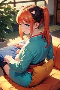 anime,chubby,small tits,60s age,shocked face,ginger,pigtails hair style,light skin,warm anime,couch,back view,massage,geisha