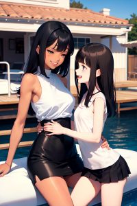 anime,skinny,small tits,30s age,laughing face,brunette,bangs hair style,dark skin,black and white,yacht,side view,massage,mini skirt