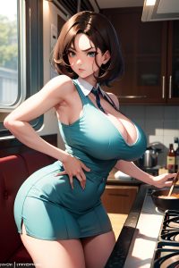 anime,skinny,huge boobs,20s age,serious face,brunette,messy hair style,light skin,vintage,train,side view,cooking,schoolgirl