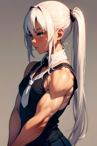 anime,muscular,small tits,20s age,sad face,white hair,pigtails hair style,dark skin,warm anime,casino,side view,massage,schoolgirl