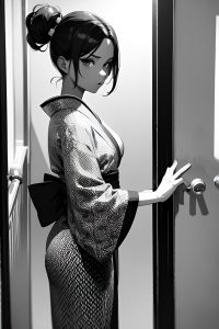 anime,skinny,small tits,50s age,serious face,ginger,pixie hair style,dark skin,black and white,shower,front view,on back,kimono