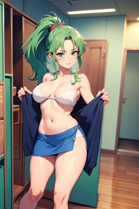 anime,busty,small tits,80s age,seductive face,green hair,ponytail hair style,light skin,film photo,changing room,front view,gaming,mini skirt