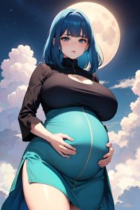 anime,pregnant,huge boobs,60s age,serious face,blue hair,bangs hair style,light skin,soft anime,moon,front view,on back,goth