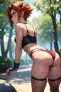 anime,muscular,small tits,50s age,angry face,ginger,pixie hair style,light skin,skin detail (beta),mall,side view,bending over,fishnet