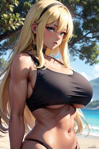 anime,muscular,huge boobs,60s age,shocked face,blonde,straight hair style,dark skin,charcoal,forest,close-up view,on back,schoolgirl