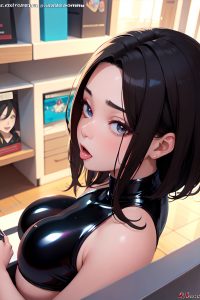 anime,busty,small tits,40s age,ahegao face,brunette,slicked hair style,dark skin,painting,mall,close-up view,gaming,latex