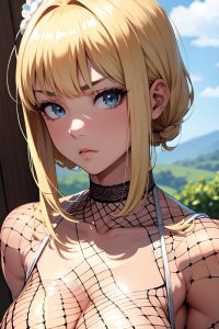 anime,muscular,small tits,60s age,serious face,blonde,bangs hair style,light skin,soft anime,wedding,close-up view,massage,fishnet