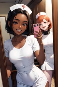 anime,skinny,small tits,60s age,laughing face,ginger,slicked hair style,dark skin,mirror selfie,cafe,close-up view,t-pose,nurse