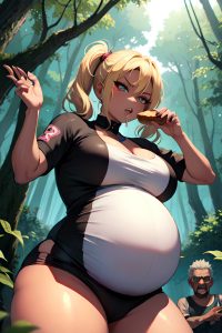 anime,pregnant,huge boobs,80s age,angry face,blonde,pigtails hair style,dark skin,cyberpunk,forest,front view,eating,goth