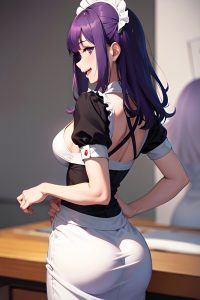 anime,busty,small tits,30s age,laughing face,purple hair,bangs hair style,dark skin,illustration,snow,back view,massage,maid