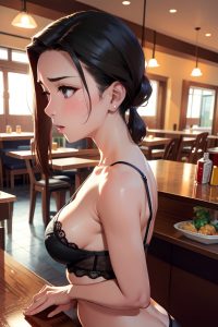 anime,busty,small tits,40s age,sad face,brunette,slicked hair style,light skin,charcoal,restaurant,back view,cumshot,lingerie