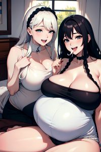 anime,pregnant,huge boobs,60s age,laughing face,black hair,braided hair style,light skin,black and white,bedroom,front view,eating,goth