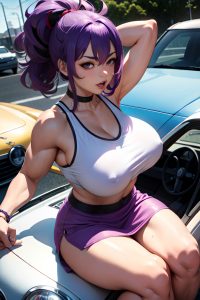 anime,muscular,huge boobs,60s age,ahegao face,purple hair,messy hair style,light skin,illustration,car,close-up view,jumping,mini skirt