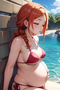 anime,pregnant,small tits,20s age,pouting lips face,ginger,braided hair style,light skin,soft anime,gym,side view,sleeping,bikini