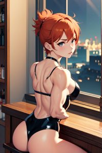 anime,muscular,small tits,60s age,seductive face,ginger,pixie hair style,light skin,illustration,bar,back view,straddling,latex