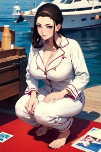 anime,skinny,huge boobs,70s age,happy face,brunette,slicked hair style,light skin,painting,yacht,front view,squatting,pajamas