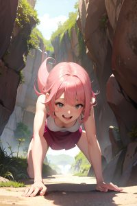 anime,skinny,small tits,60s age,laughing face,pink hair,bangs hair style,light skin,crisp anime,cave,front view,bending over,teacher