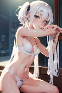 anime,skinny,small tits,30s age,sad face,white hair,straight hair style,light skin,warm anime,party,side view,working out,lingerie