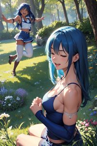 anime,muscular,small tits,40s age,laughing face,blue hair,straight hair style,dark skin,soft + warm,meadow,front view,sleeping,stockings