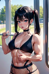 anime,muscular,small tits,60s age,shocked face,black hair,pigtails hair style,light skin,painting,train,close-up view,plank,fishnet