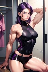 anime,muscular,small tits,40s age,pouting lips face,purple hair,messy hair style,light skin,cyberpunk,changing room,side view,straddling,teacher