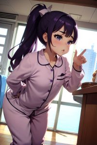 anime,chubby,small tits,20s age,pouting lips face,purple hair,ponytail hair style,light skin,black and white,yacht,side view,bending over,pajamas