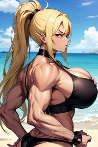 anime,muscular,huge boobs,70s age,angry face,blonde,ponytail hair style,dark skin,warm anime,club,back view,eating,goth
