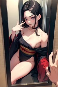 anime,skinny,small tits,80s age,ahegao face,black hair,slicked hair style,dark skin,mirror selfie,train,close-up view,working out,kimono